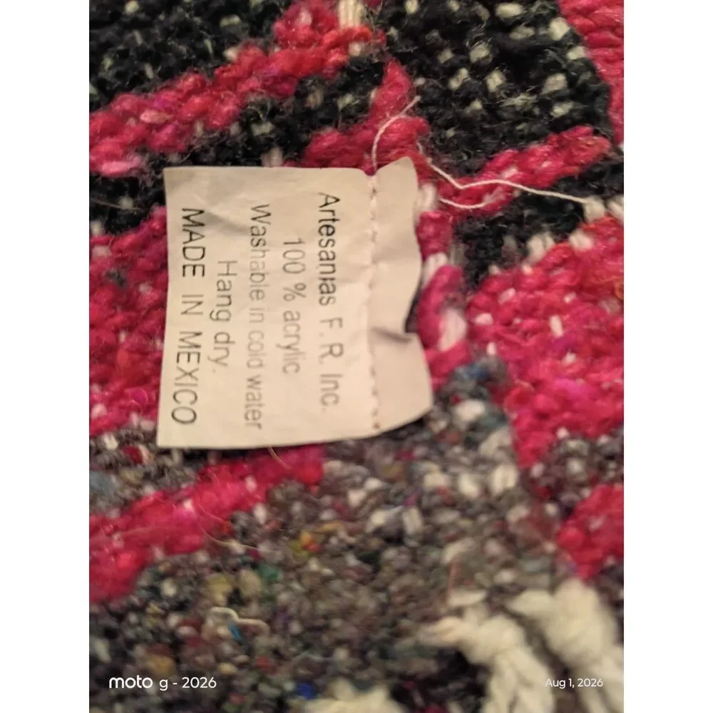 Southwestern Woven Serape Blanket Pink Black White Fringe Boho Camping Blanket